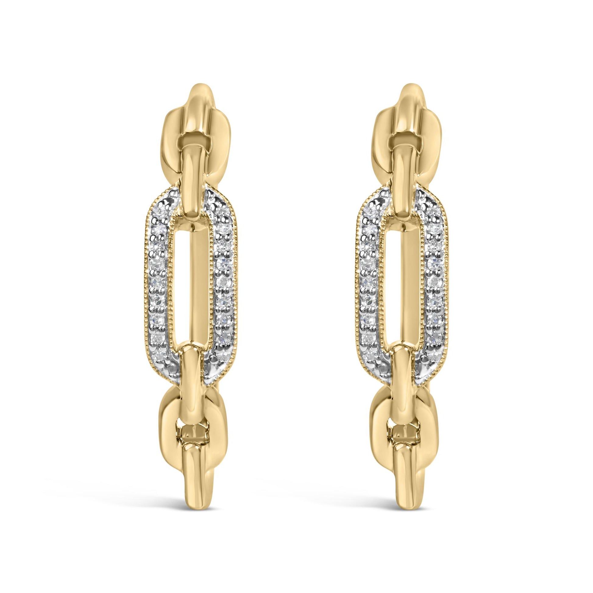 Close-up front view of a pair of yellow metal earrings with elongated oval links, featuring white gemstones in a pave setting on the upper link.