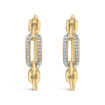 Close-up front view of a pair of yellow metal earrings with elongated oval links, featuring white gemstones in a pave setting on the upper link.