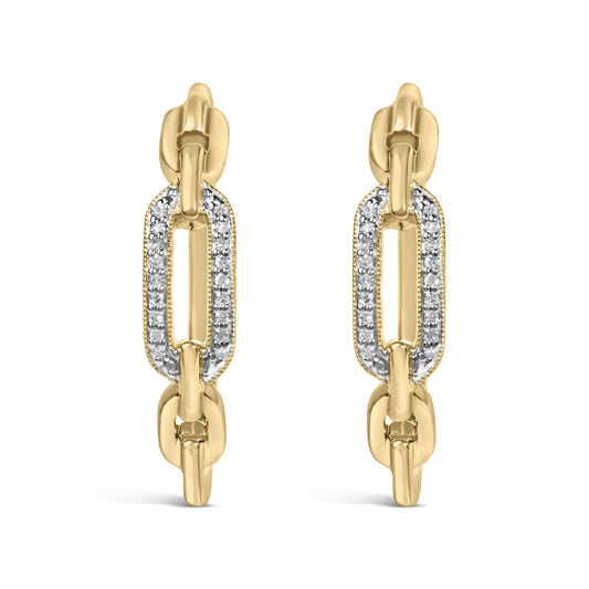 Close-up front view of a pair of yellow metal earrings with elongated oval links, featuring white gemstones in a pave setting on the upper link.