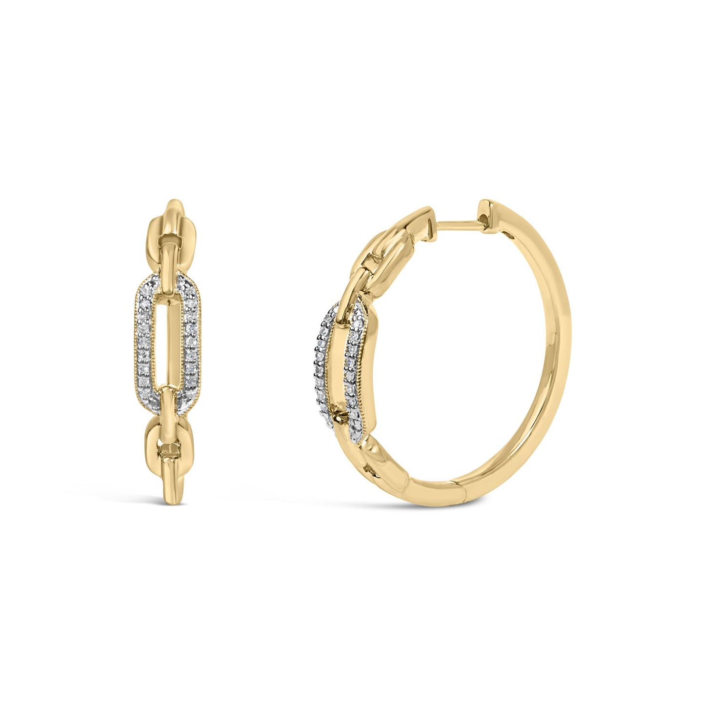 Close-up front and side view of yellow metal hoop earrings with linked elongated oval shapes adorned with small white gemstones in pave setting along the front links.