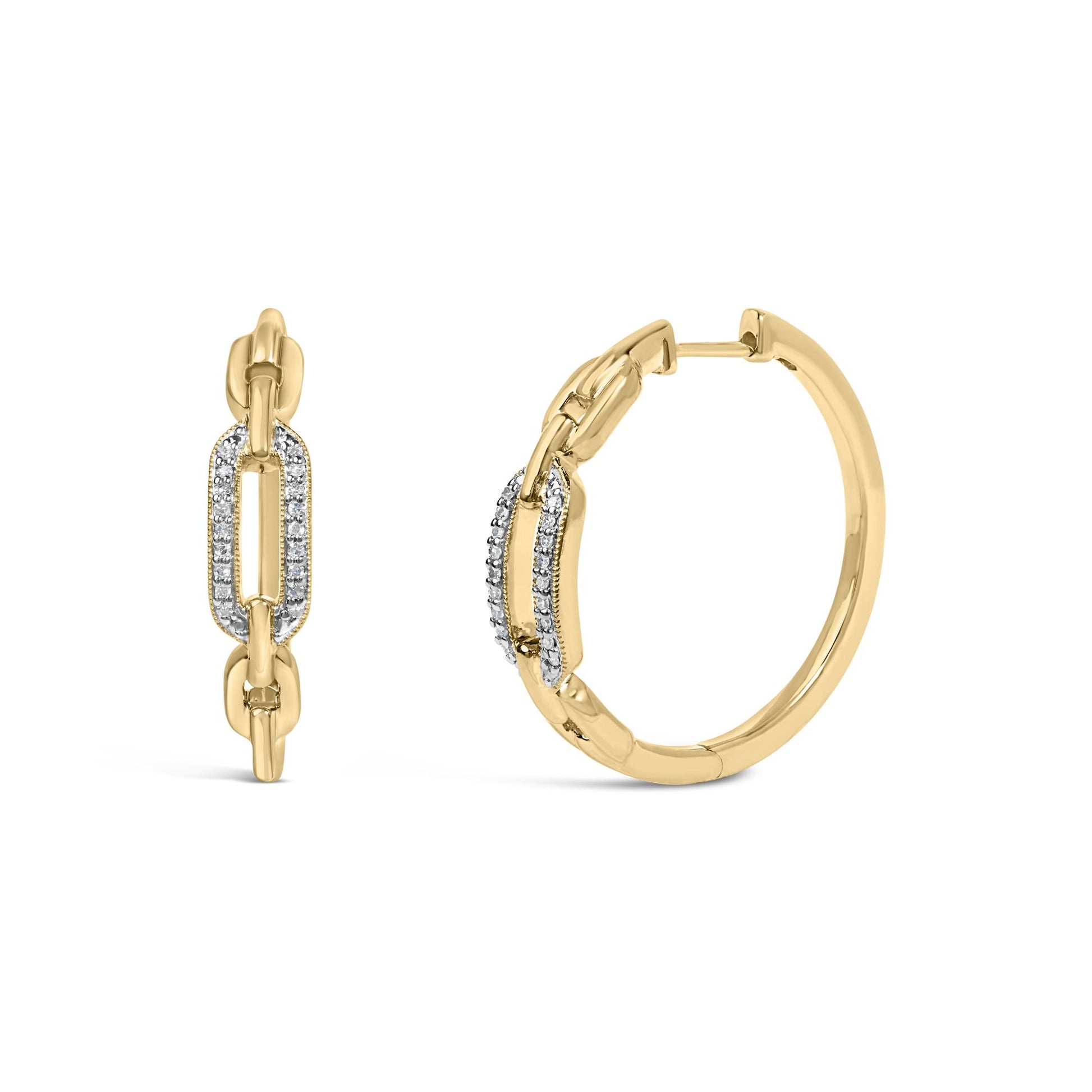Close-up front and side view of yellow metal hoop earrings with linked elongated oval shapes adorned with small white gemstones in pave setting along the front links.
