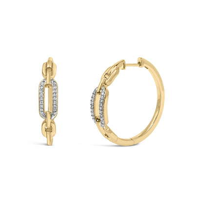 Close-up front and side view of yellow metal hoop earrings with linked elongated oval shapes adorned with small white gemstones in pave setting along the front links.
