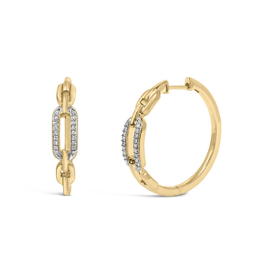 Close-up front and side view of yellow metal hoop earrings with linked elongated oval shapes adorned with small white gemstones in pave setting along the front links.