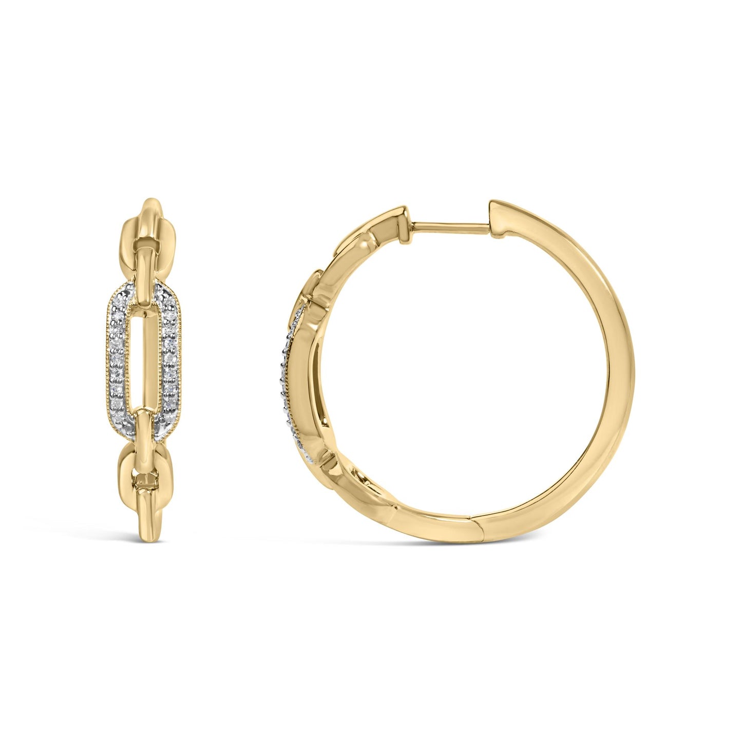 Close-up front and side views of a pair of yellow metal hoop earrings with a linked chain detail featuring white gemstones in a pave setting along the links.