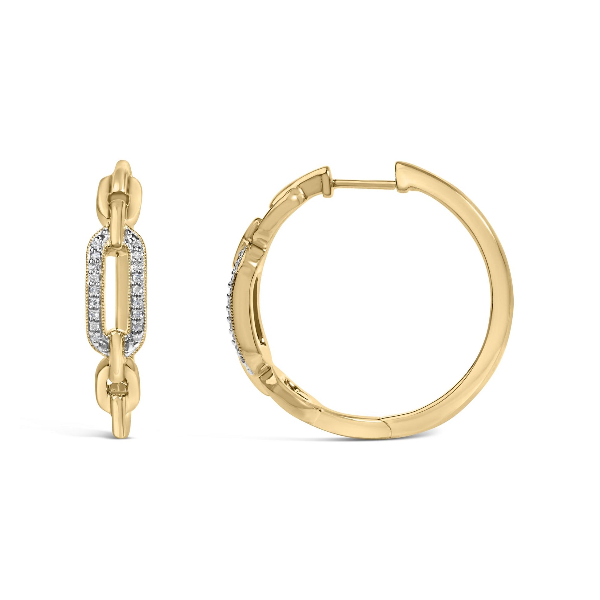 Close-up front and side views of a pair of yellow metal hoop earrings with a linked chain detail featuring white gemstones in a pave setting along the links.