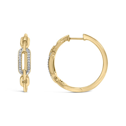 Close-up front and side views of a pair of yellow metal hoop earrings with a linked chain detail featuring white gemstones in a pave setting along the links.