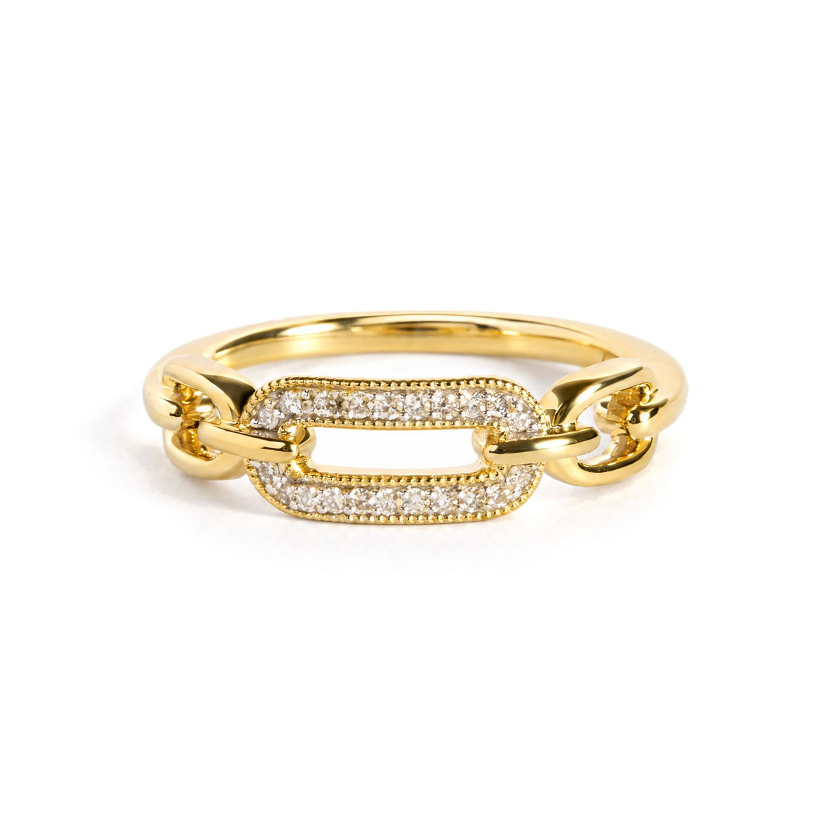 Close-up front angle of a yellow metal ring with a chain link design, featuring a rectangular section paved with small white gemstones.
