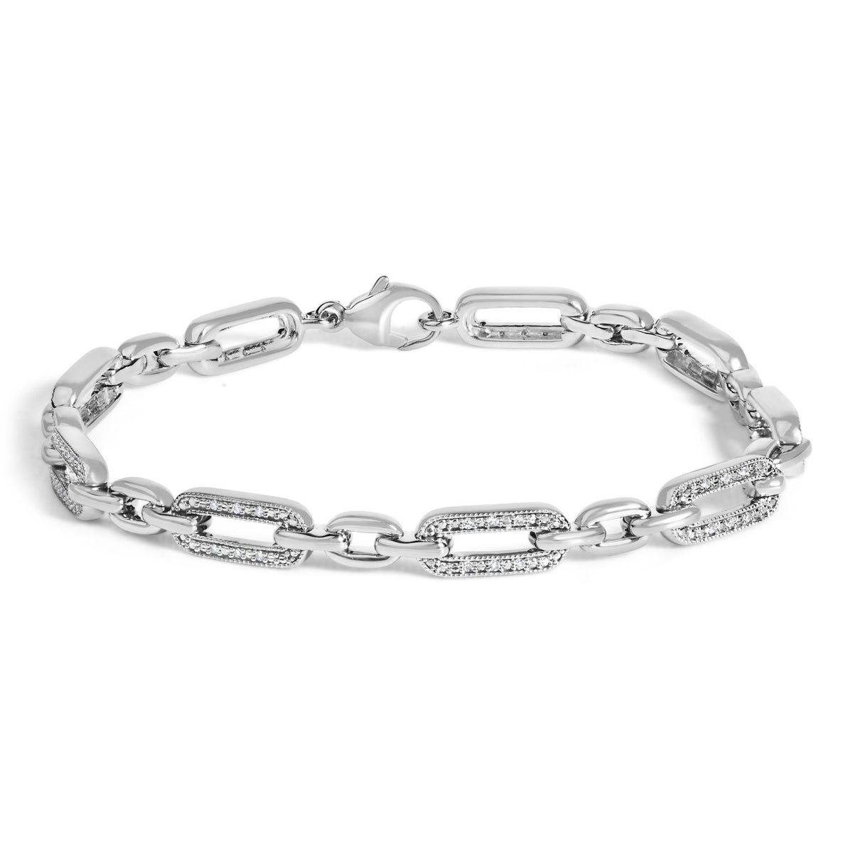 Close-up front angle of a white metal bracelet with alternating rectangular links, some adorned with pave-set white gemstones, displayed on a white background.