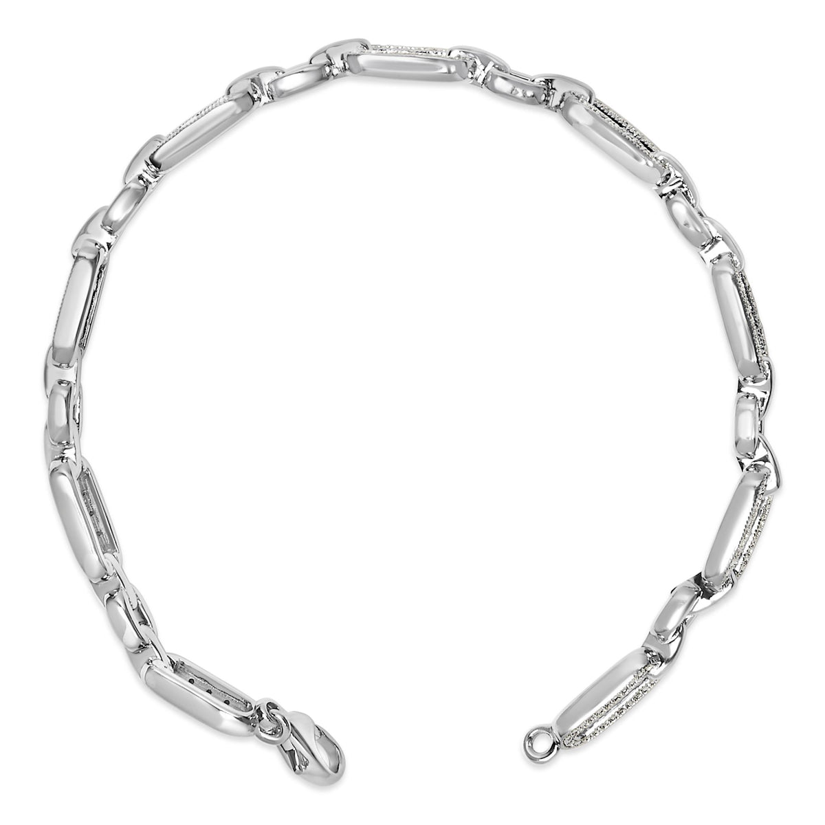 White metal bracelet with elongated links, some adorned with pave-set white gemstones, shown in a flat lay from a top view angle.