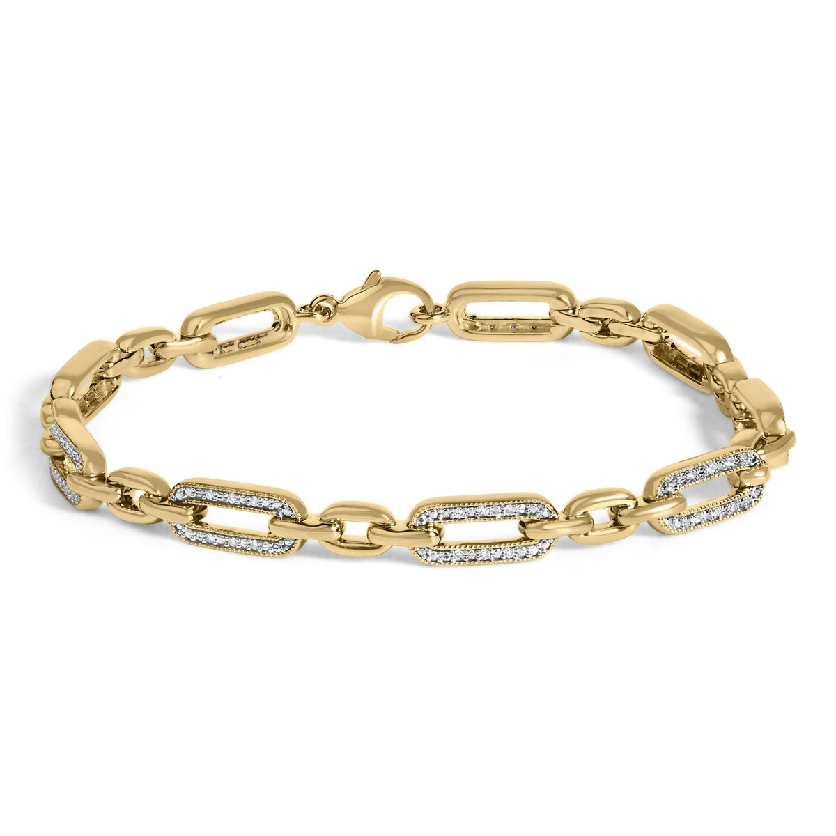Close-up front view of a yellow metal bracelet with rectangular chain links, some accented with pave-set white gemstones, shown against a white background.