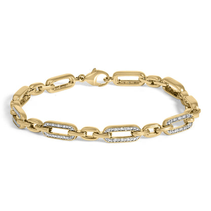 Close-up front view of a yellow metal bracelet with rectangular chain links, some accented with pave-set white gemstones, shown against a white background.