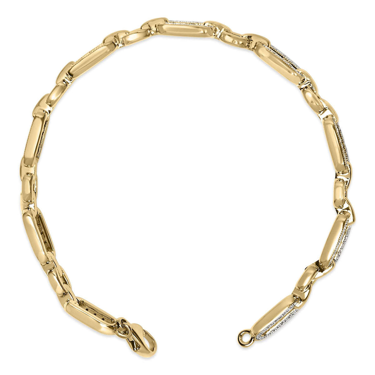 Close-up front view of a yellow metal bracelet with elongated rectangular links, some featuring pave-set white gemstones, shown flat against a white background.
