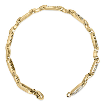 Close-up front view of a yellow metal bracelet with elongated rectangular links, some featuring pave-set white gemstones, shown flat against a white background.