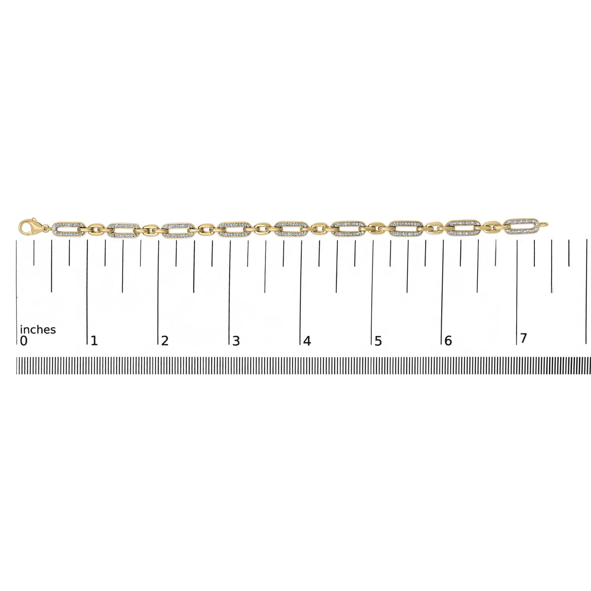 Yellow bracelet with alternating rectangular links, some paved with small white gemstones, shown on a ruler scale, top view.