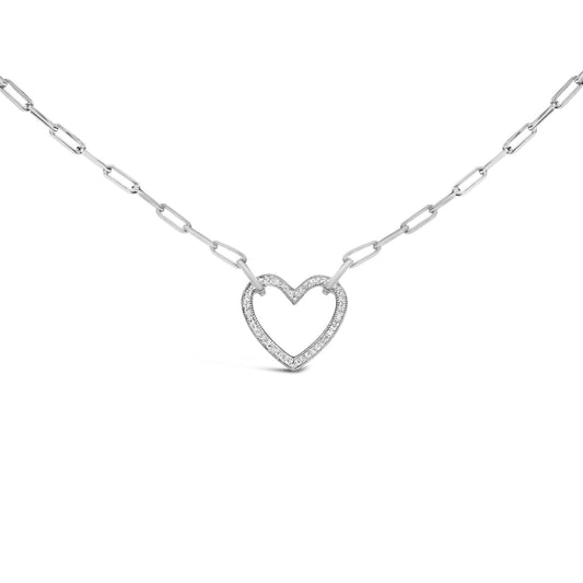 Close-up front view of a white metal necklace with a heart-shaped pendant paved with round white gemstones, shown on a white background.