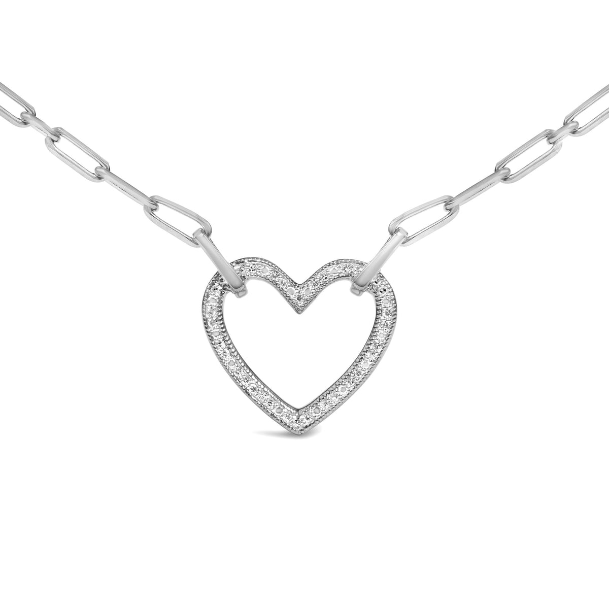 Close-up front view of a white metal necklace with a heart-shaped pendant featuring round white gemstones in a pave setting. The necklace is shown on a white background.