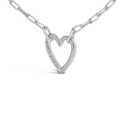 Close-up angled view of a white metal necklace chain with an open heart-shaped pendant featuring a pave setting of small round white gemstones.