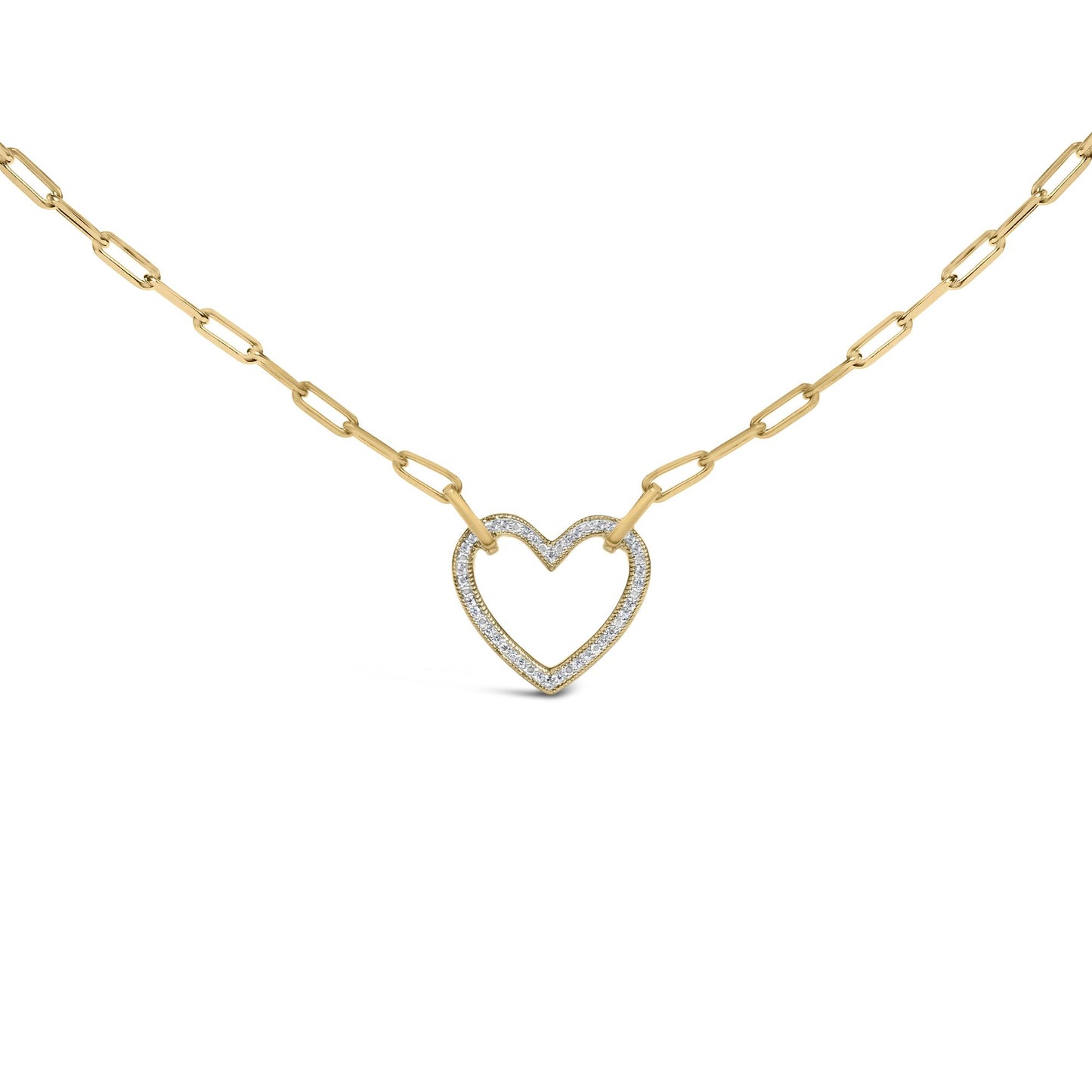 Close-up front view of a yellow necklace with a heart-shaped pendant outlined with small white gemstones in pave setting, shown on a white background.