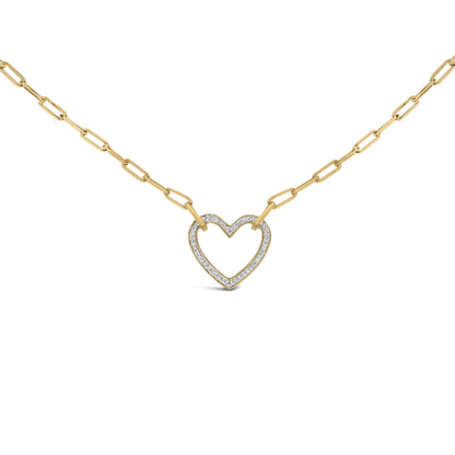 Close-up front view of a yellow necklace with a heart-shaped pendant outlined with small white gemstones in pave setting, shown on a white background.
