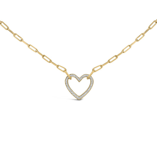 Close-up front view of a yellow necklace with a heart-shaped pendant outlined with small white gemstones in pave setting, shown on a white background.