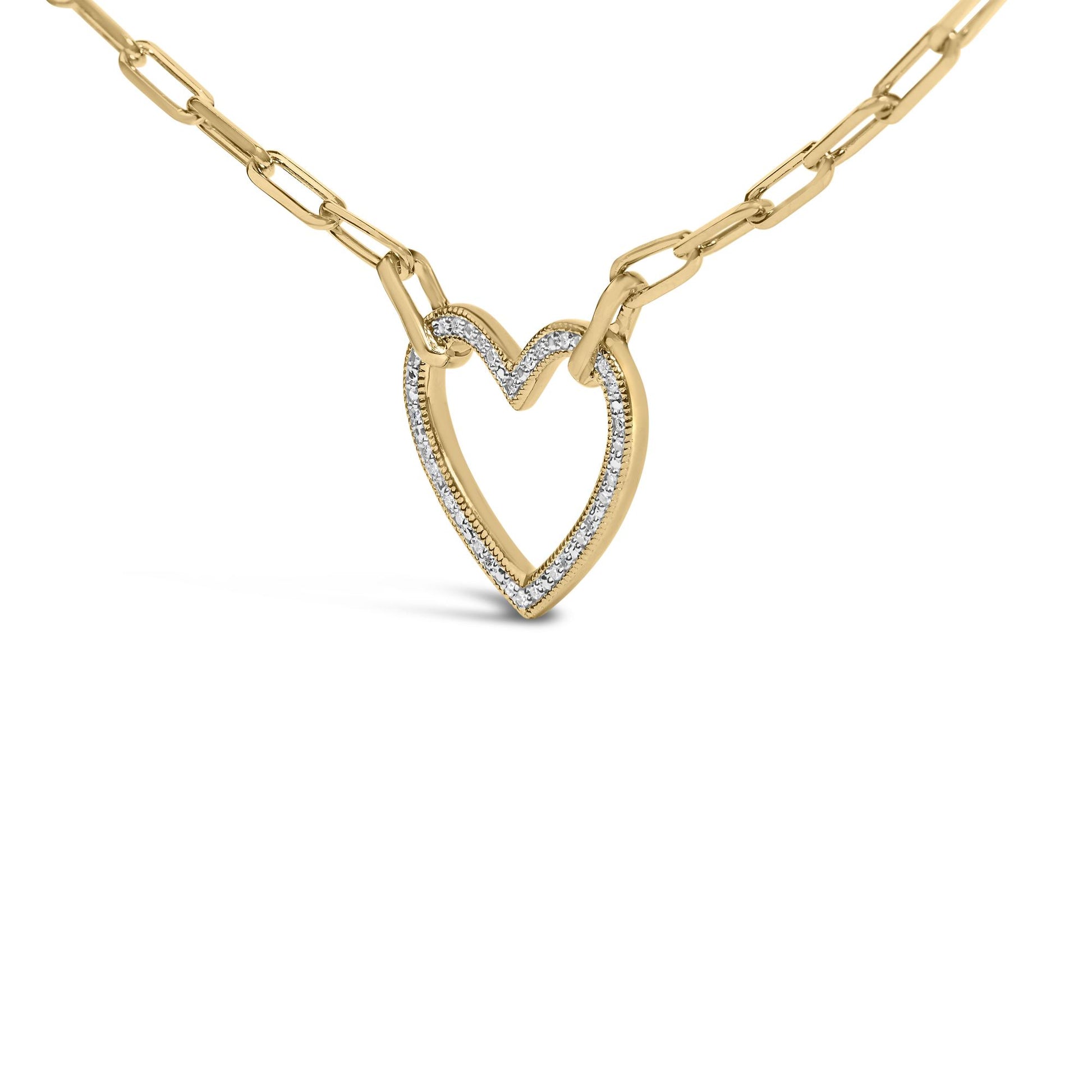 Close-up front angle of a yellow metal necklace with a heart-shaped pendant featuring white gemstones in a pave setting along the inner edge, displayed on a plain white background.