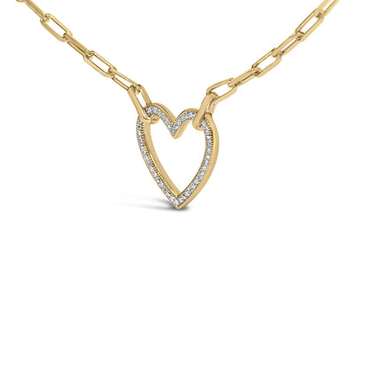 Close-up front angle of a yellow metal necklace with a heart-shaped pendant featuring white gemstones in a pave setting along the inner edge, displayed on a plain white background.