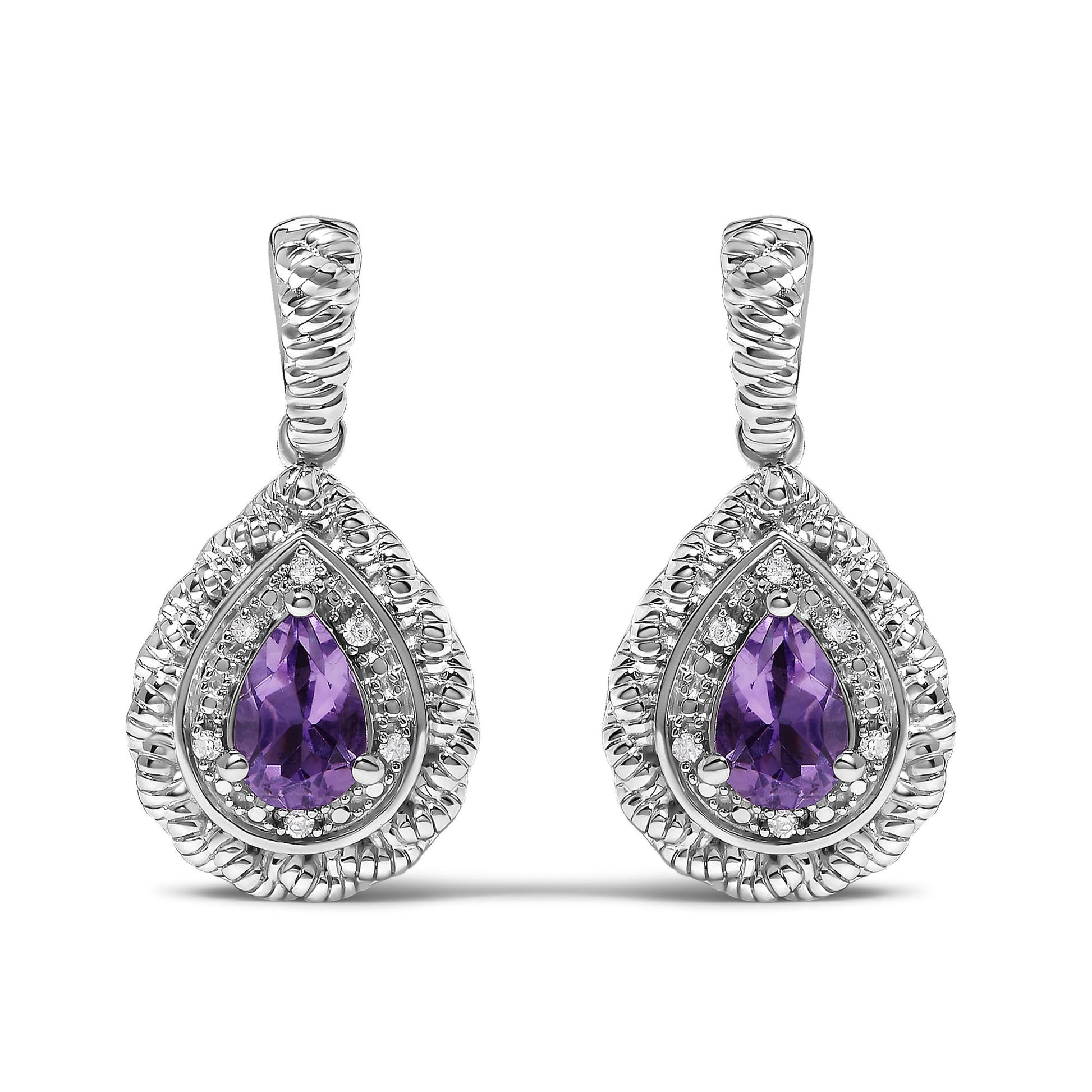 Sterling Silver Pear Cut Amethyst and Diamond Accent Teardrop Drop Earrings