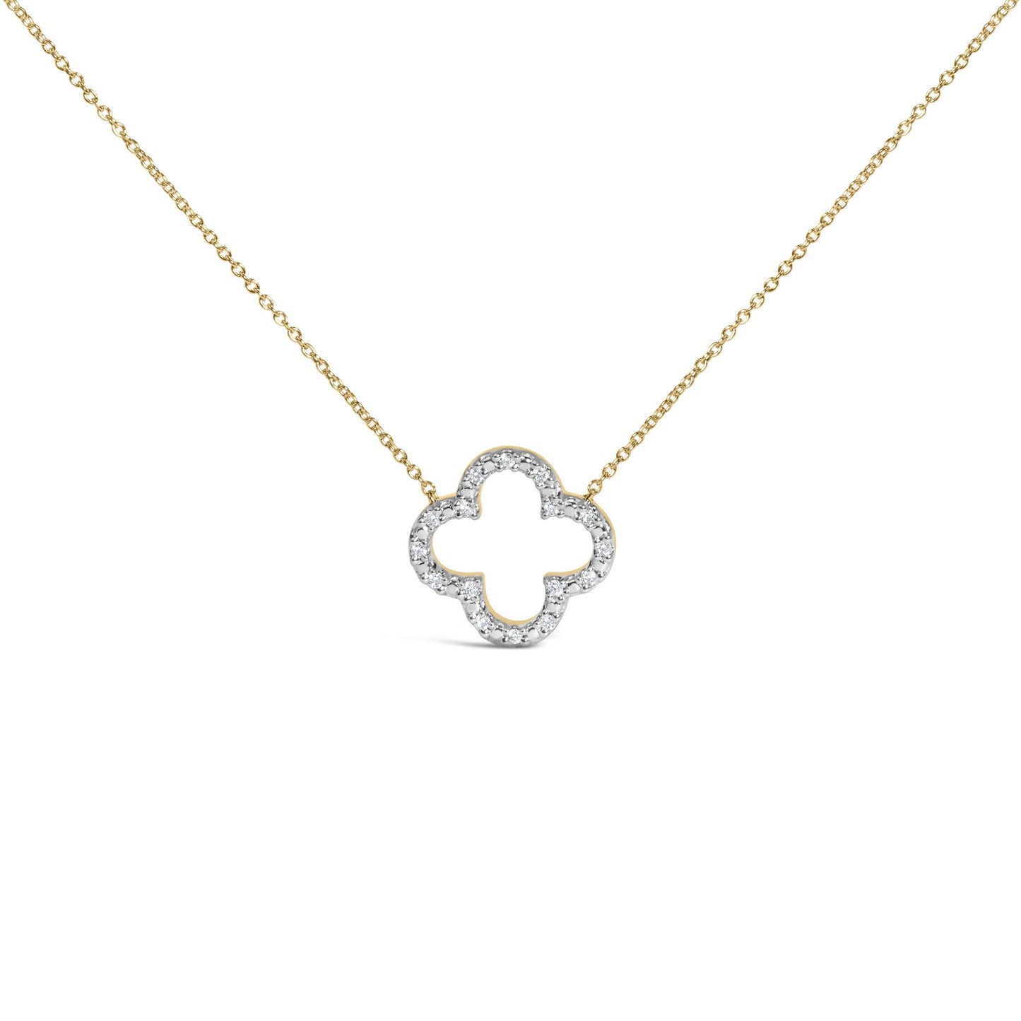 Close-up front view of a yellow metal necklace with a curved floral-shaped pendant outlined with white round gemstones in prong setting, shown on a white background.