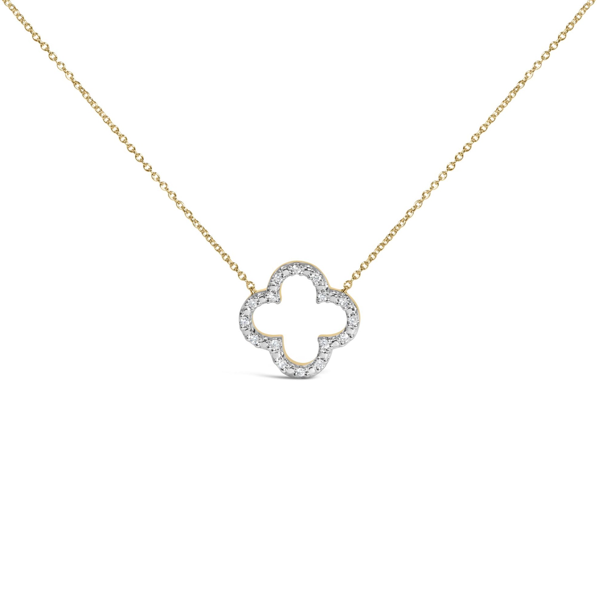 Close-up front view of a yellow metal necklace with a curved floral-shaped pendant outlined with white round gemstones in prong setting, shown on a white background.