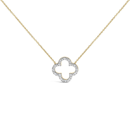 Close-up front view of a yellow metal necklace with a curved floral-shaped pendant outlined with white round gemstones in prong setting, shown on a white background.