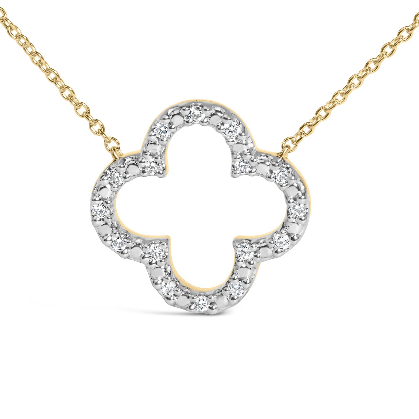 Close-up front angle of a yellow metal necklace with a clover-shaped pendant adorned with round white gemstones in prong settings.