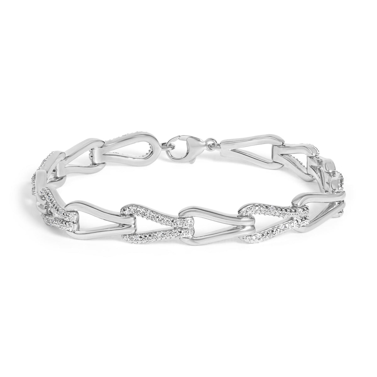 White metal bracelet with alternating smooth and pave-set sections featuring white round gemstones, shown in a close-up top view on a white background.