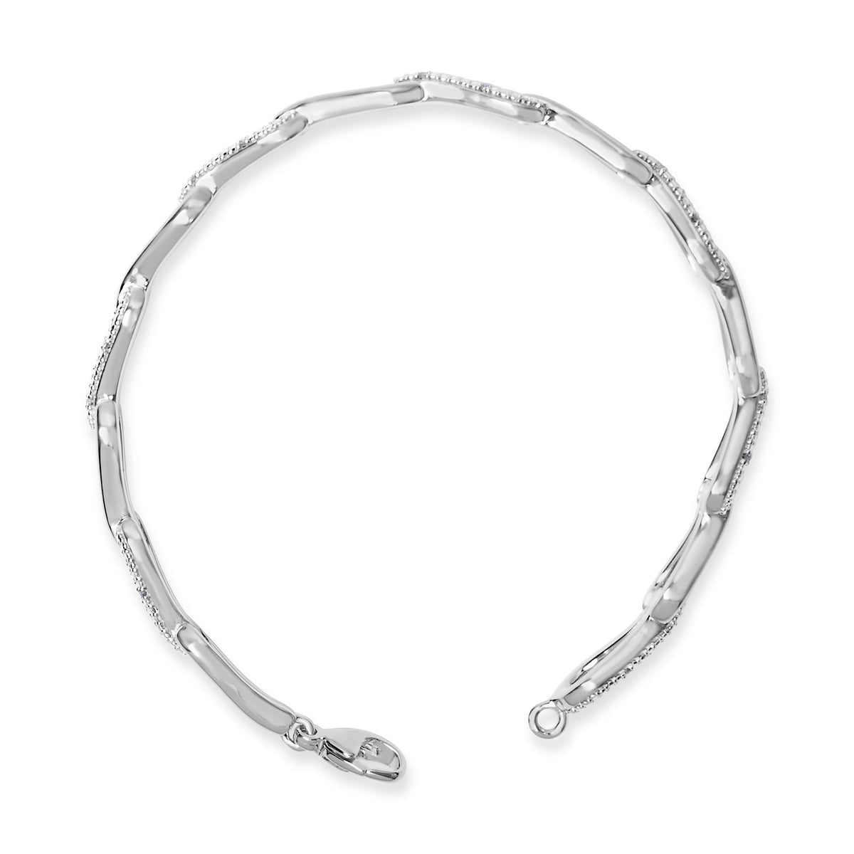 Close-up top view of a white metal bracelet with alternating smooth and pave-set sections featuring round white gemstones, shown open with clasp.
