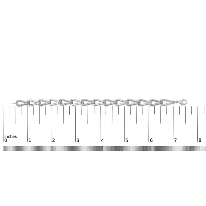 Bracelet shown on a scale, white metal with alternating smooth and pave-set white gemstones in a linked pattern, top-down angle.