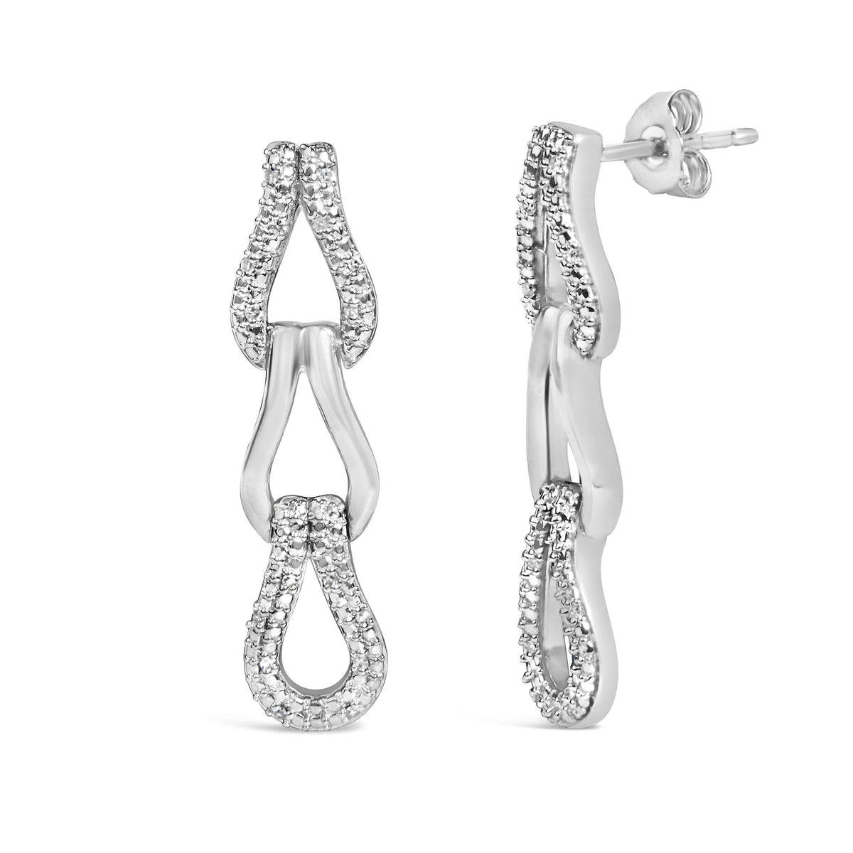 Sterling Silver Diamond Accent Pavé Open Teardrop Link Dangle Earrings