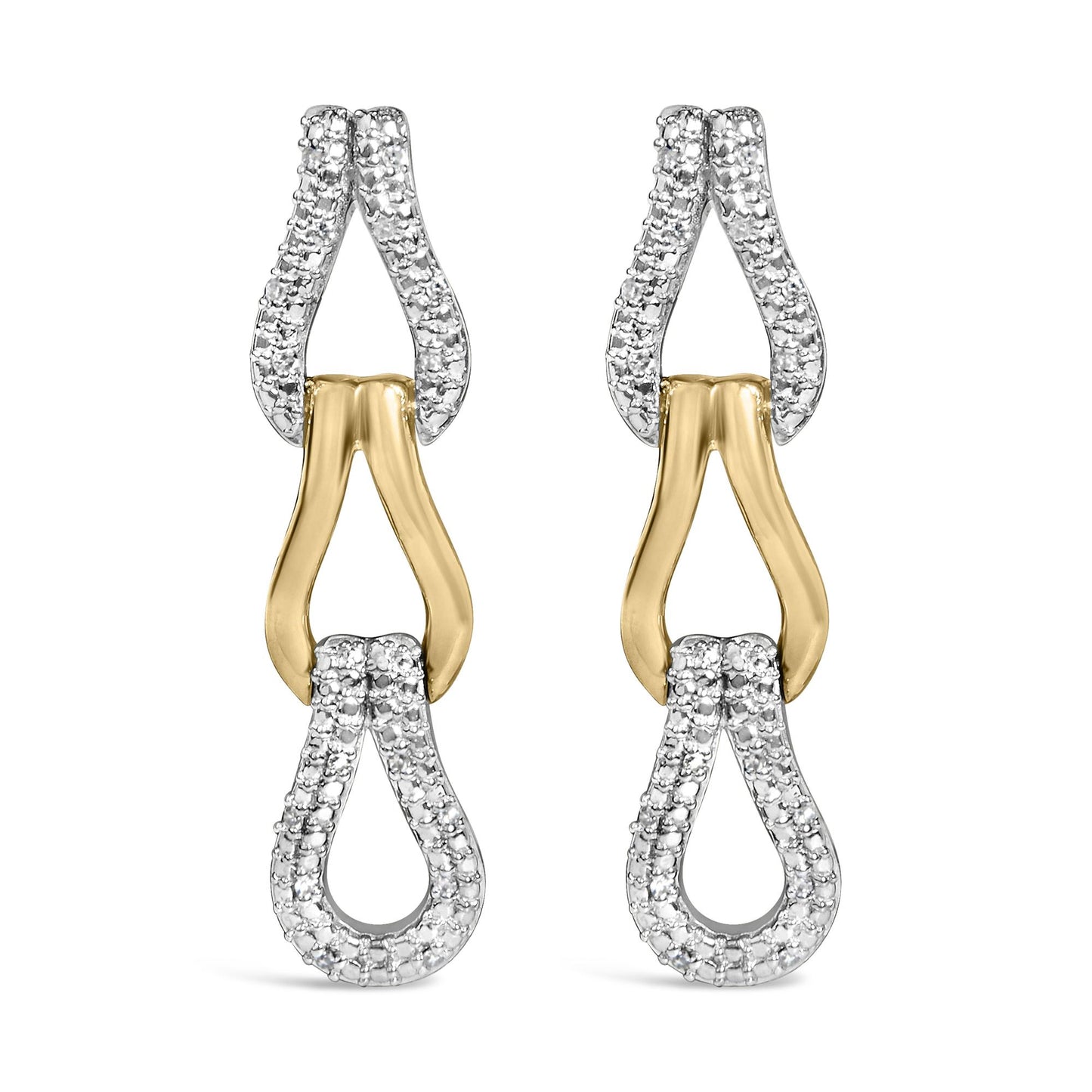 Front close-up of gold vermeil knot link earrings with 1/10 ct diamonds showcasing linked teardrop loops on white background