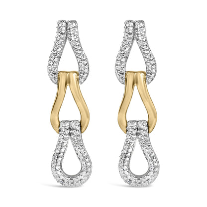 Front close-up of gold vermeil knot link earrings with 1/10 ct diamonds showcasing linked teardrop loops on white background