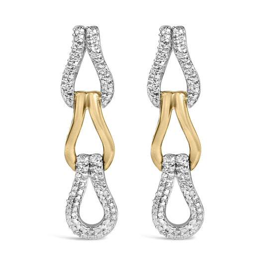 Front close-up of gold vermeil knot link earrings with 1/10 ct diamonds showcasing linked teardrop loops on white background