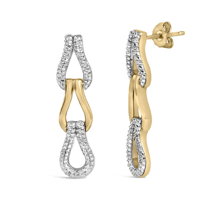 Close-up front and side view of yellow metal drop earrings with open loop design accented with white gemstones in pave setting.