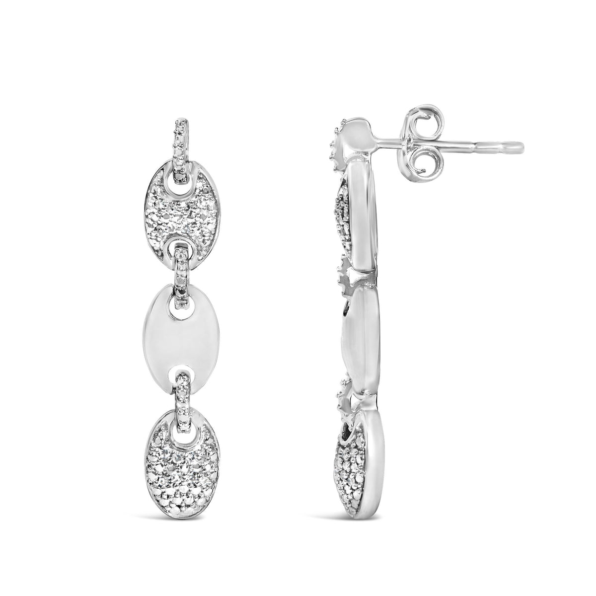 Close-up front and side view of white metal drop earrings with linked oval shapes, some pavé set with round white gemstones, shown on a white background.