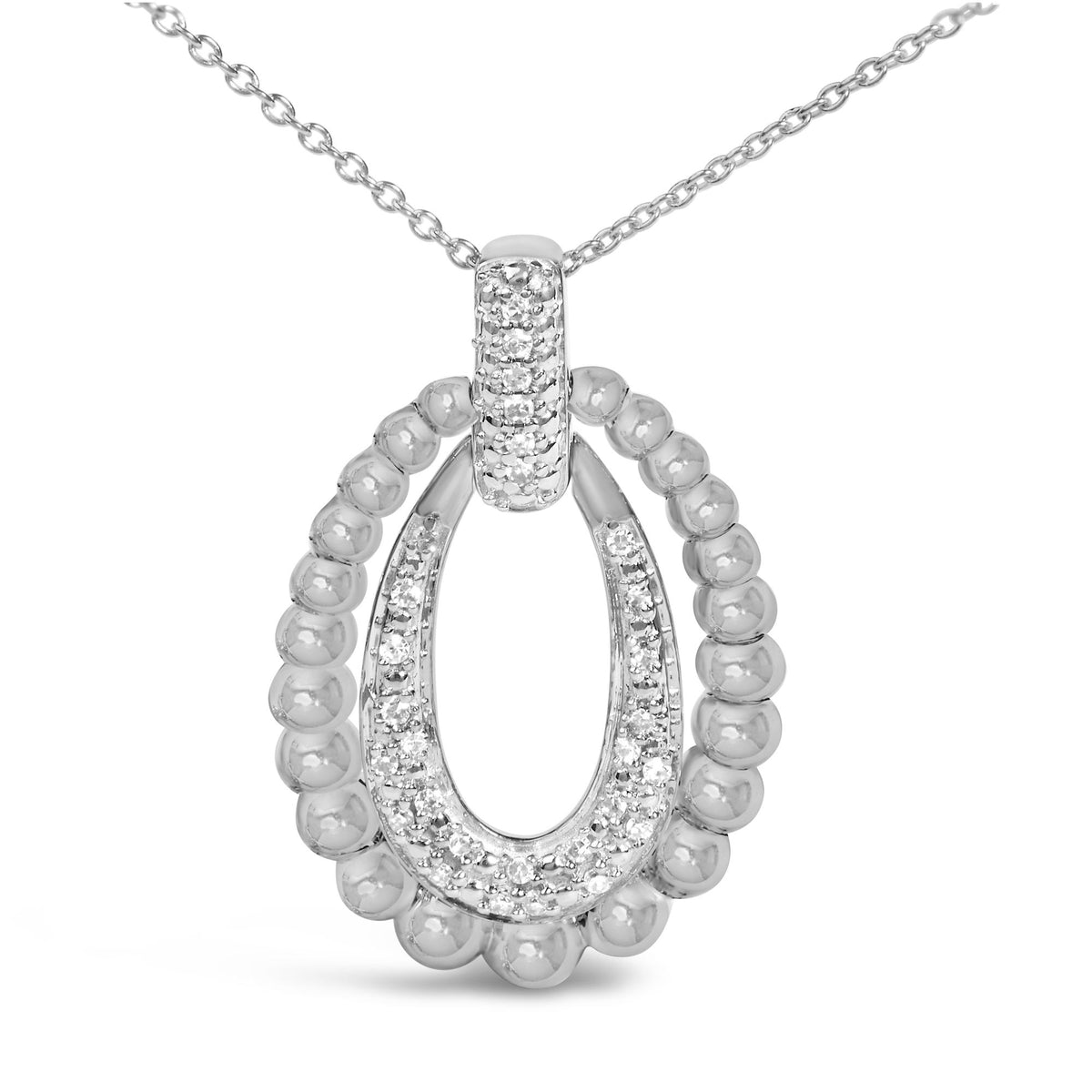 Close-up front view of a white metal necklace pendant featuring an oval shape outlined with small rounded beads and decorated with white gemstones in a pave setting along the inner oval and the bail.