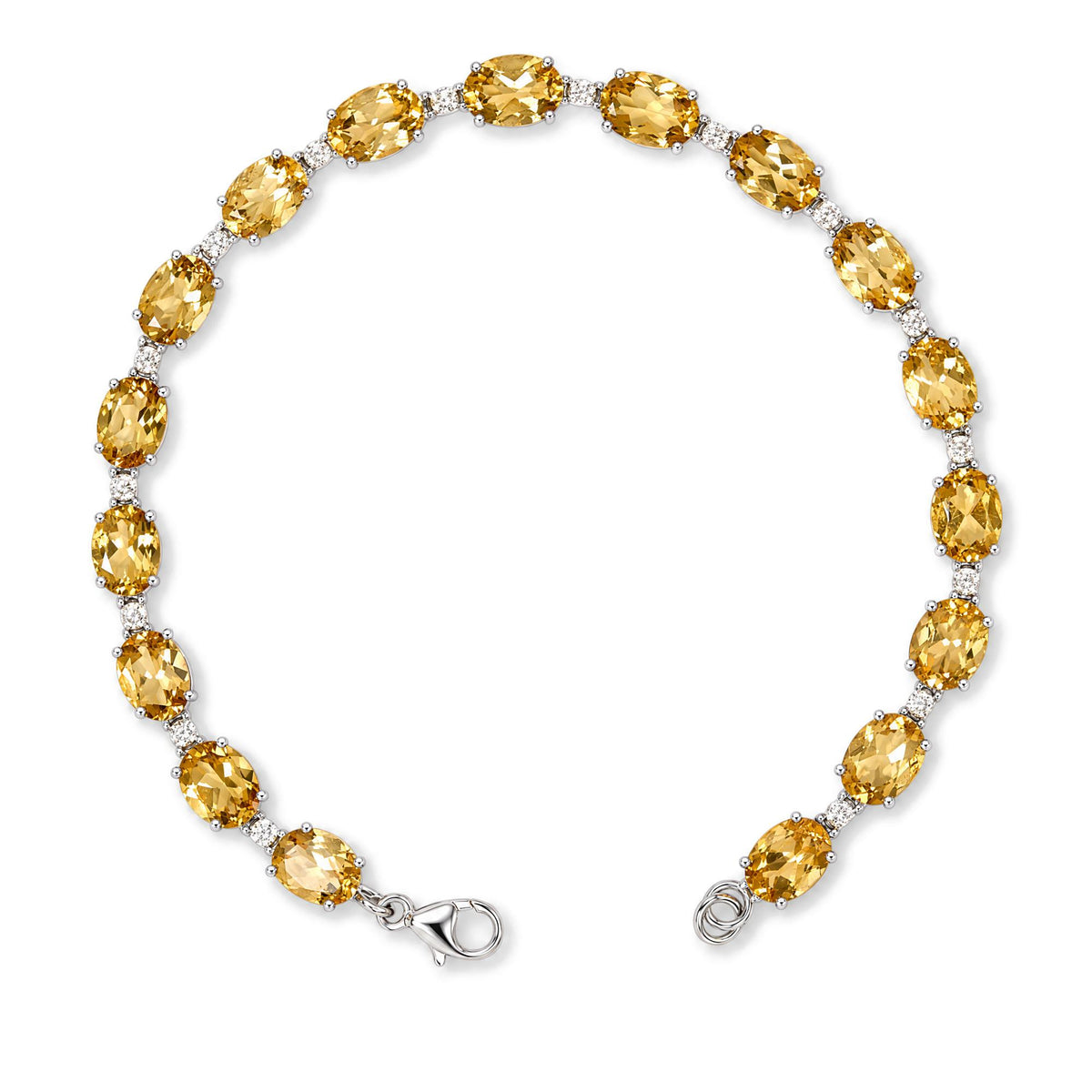 Close-up top-down view of a white metal bracelet featuring oval yellow gemstones and round white gemstones in prong settings, shown flat against a white background.