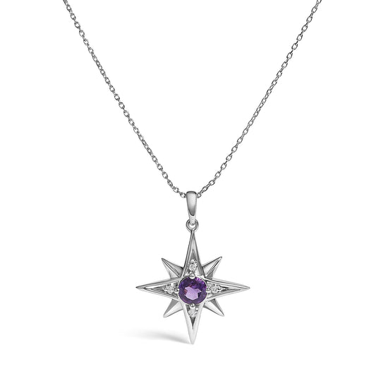 White metal necklace with a star-shaped pendant featuring a central purple gemstone and surrounding white gemstones, shown in a front-facing close-up shot.