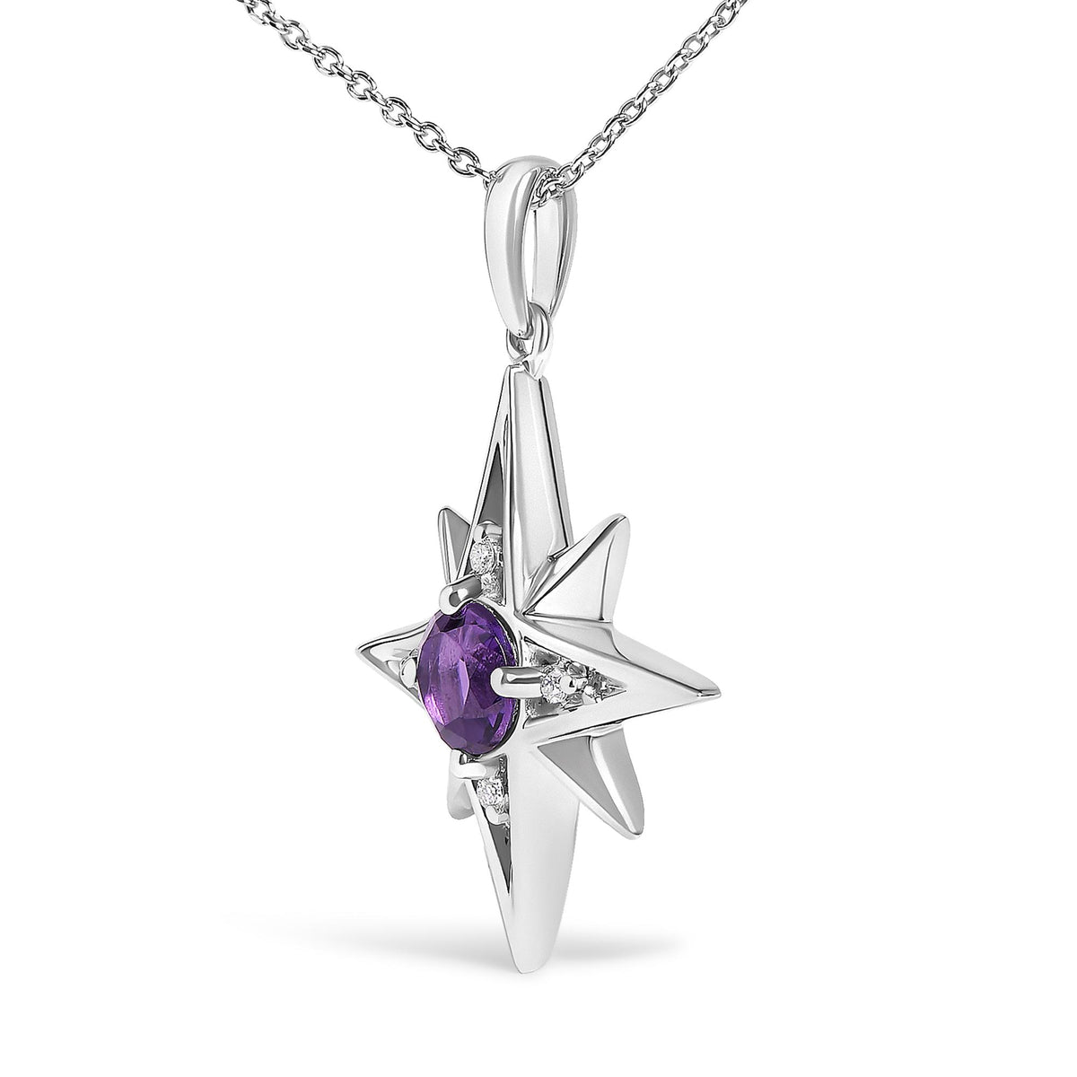 Close-up front view of a white metal star-shaped necklace pendant featuring a prong-set round purple gemstone in the center surrounded by prong-set round white gemstones, shown on a chain against a white background.