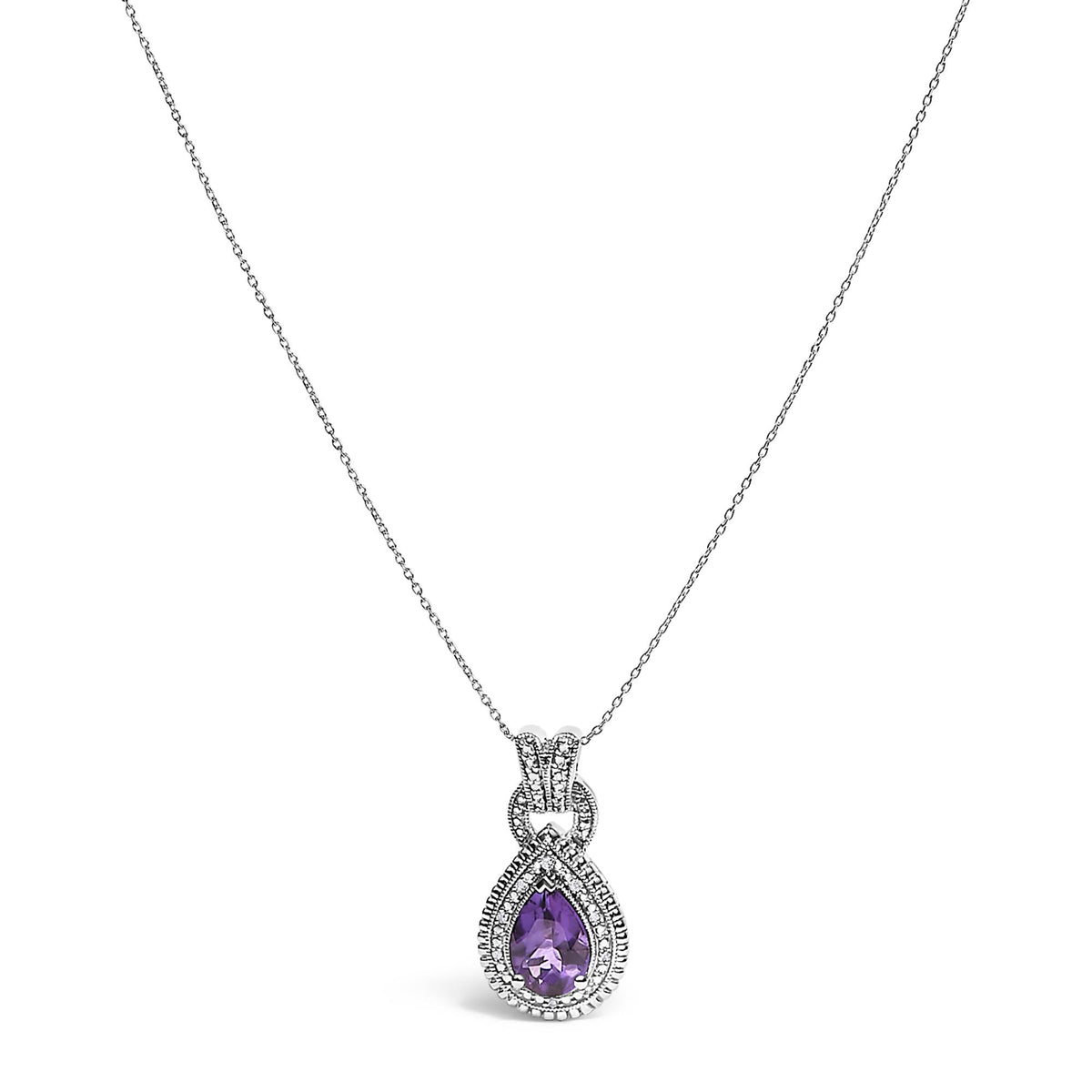 Close-up front view of a white metal necklace with a teardrop-shaped purple gemstone pendant surrounded by small white gemstones in a pave setting.