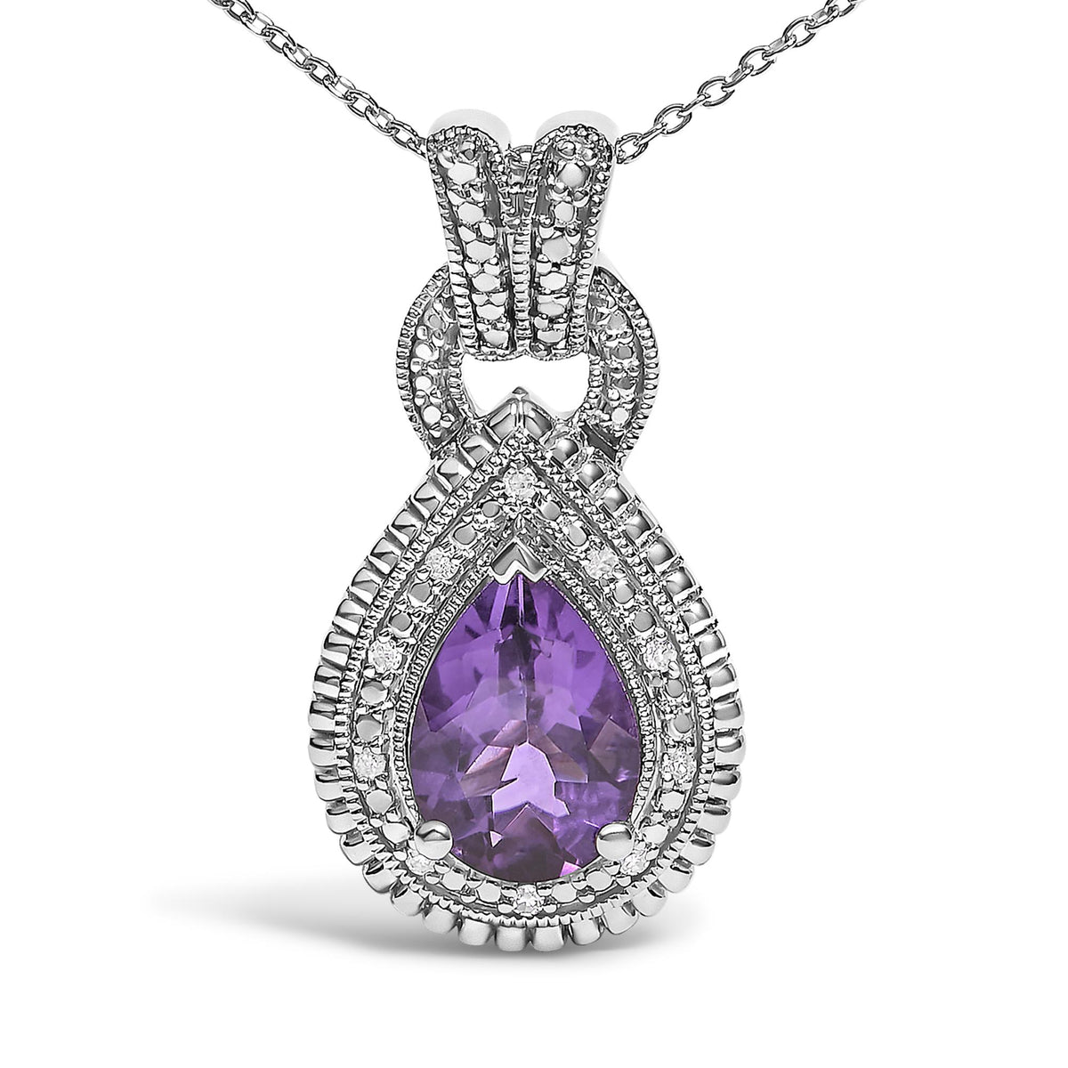 Close-up front angle of a white metal necklace pendant featuring a pear-shaped purple gemstone in a prong setting, surrounded by multiple white gemstones in a pave setting.