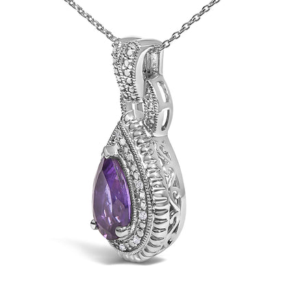 Side view of 925 sterling silver pear-cut purple amethyst pendant necklace with diamond-accented milgrain halo on white