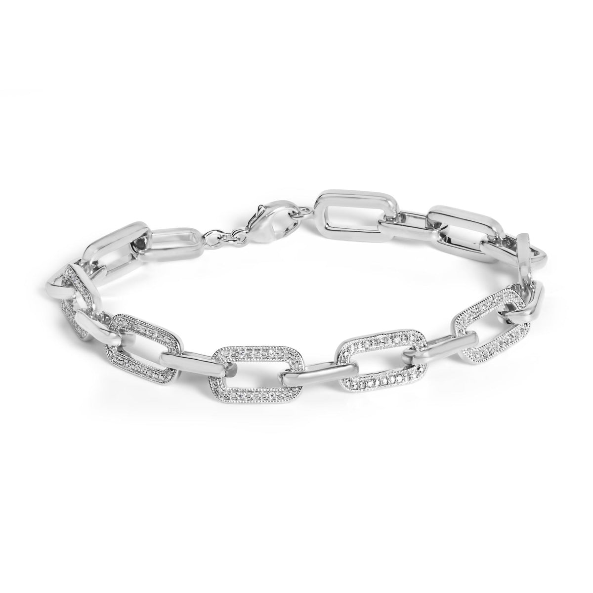 Close-up shot of a white metal bracelet with rectangular links, some adorned with small white gemstones in a pave setting, shown flat on a white background.