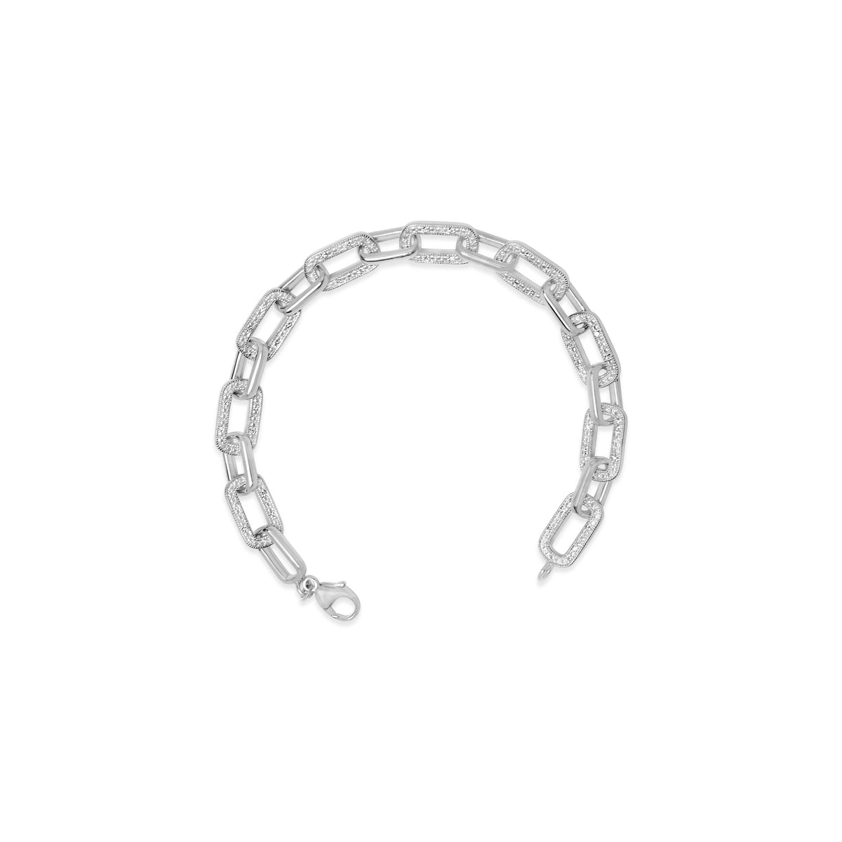 Close-up front angle image of a white metal bracelet with rectangular links, some of which are decorated with pave-set white gemstones, shown laid flat against a white background.