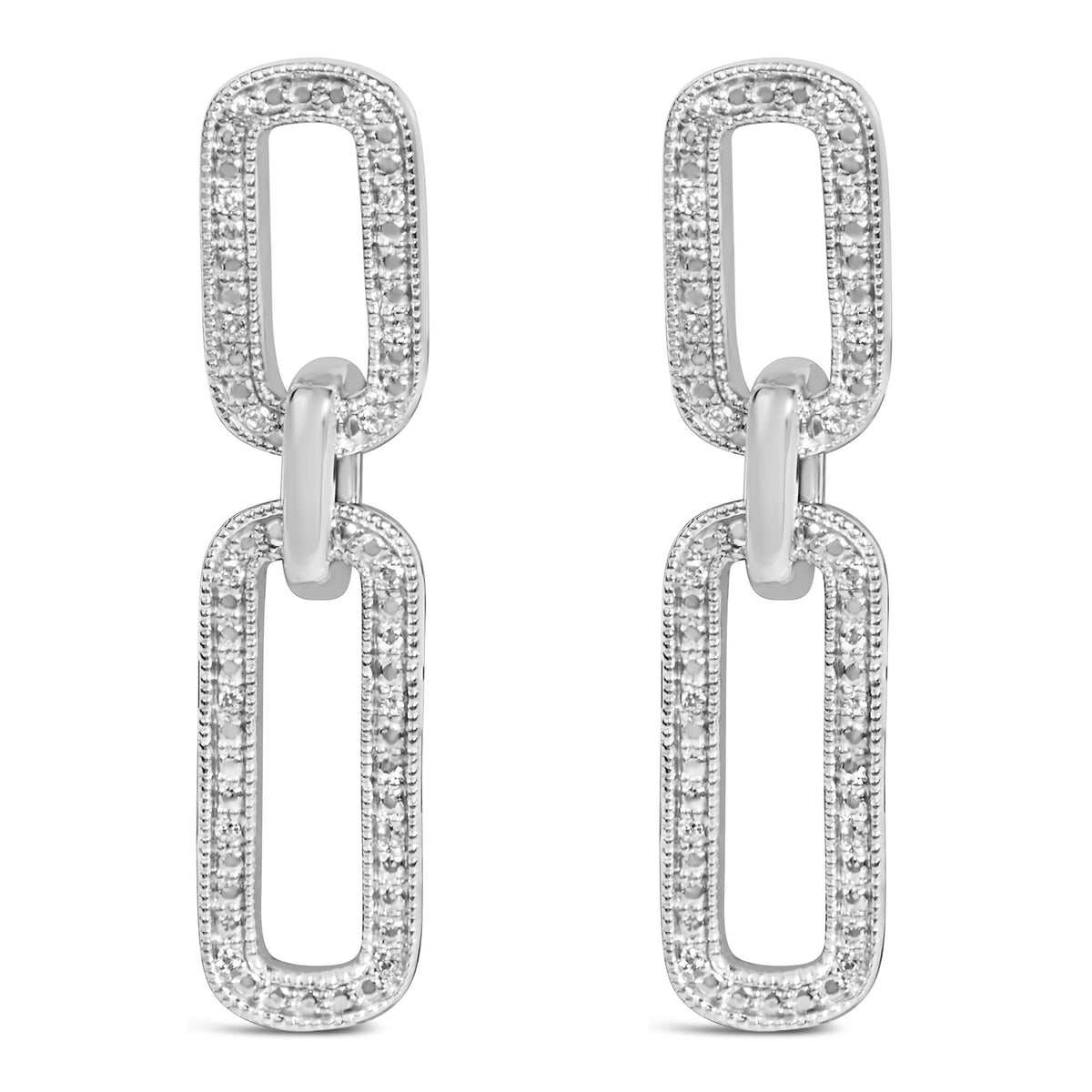 Close-up front view of white metal dangling earrings with two connected rectangular links, each outlined with small white gemstones in a pave setting.